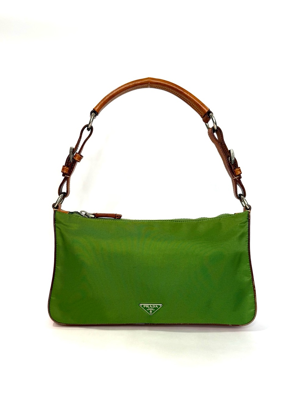 Prada Green Nylon Shoulder Bag with Brown Leather Handle